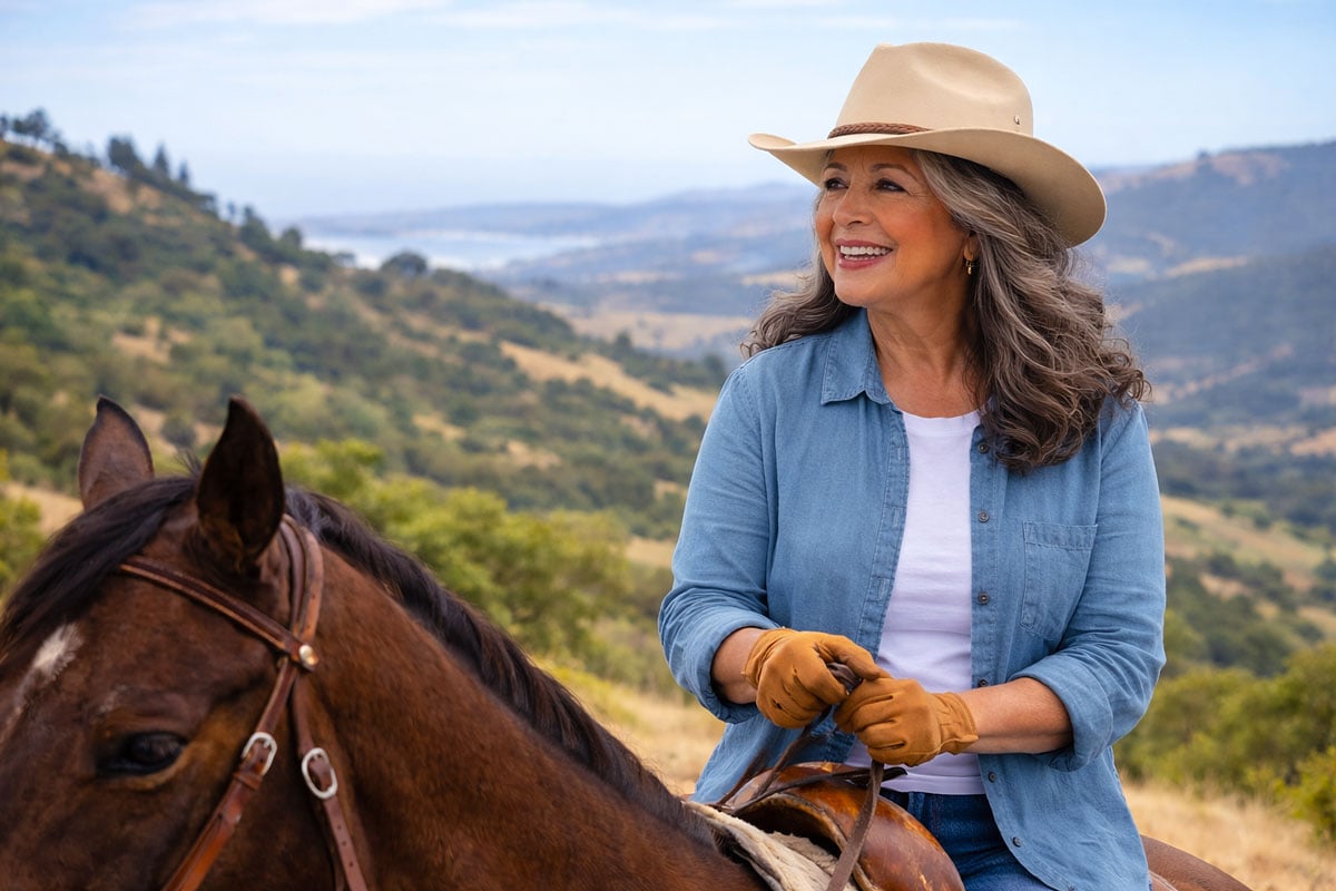 senior Hispanic woman on horseback smiling in the Monterey hills after treating glaucoma at Vantage Eye Center, at risk for glaucoma