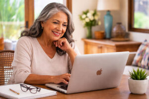 Senior Hispanic woman happily researching if she is at risk for glaucoma on her laptop in a modern Southwestern home office at Vantage Eye Center