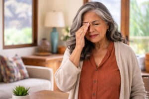 Senior Hispanic woman standing in her Southwestern home office, holding her eye in discomfort from eye pain and wondering if she is at risk for glaucoma, Vantage Eye Center