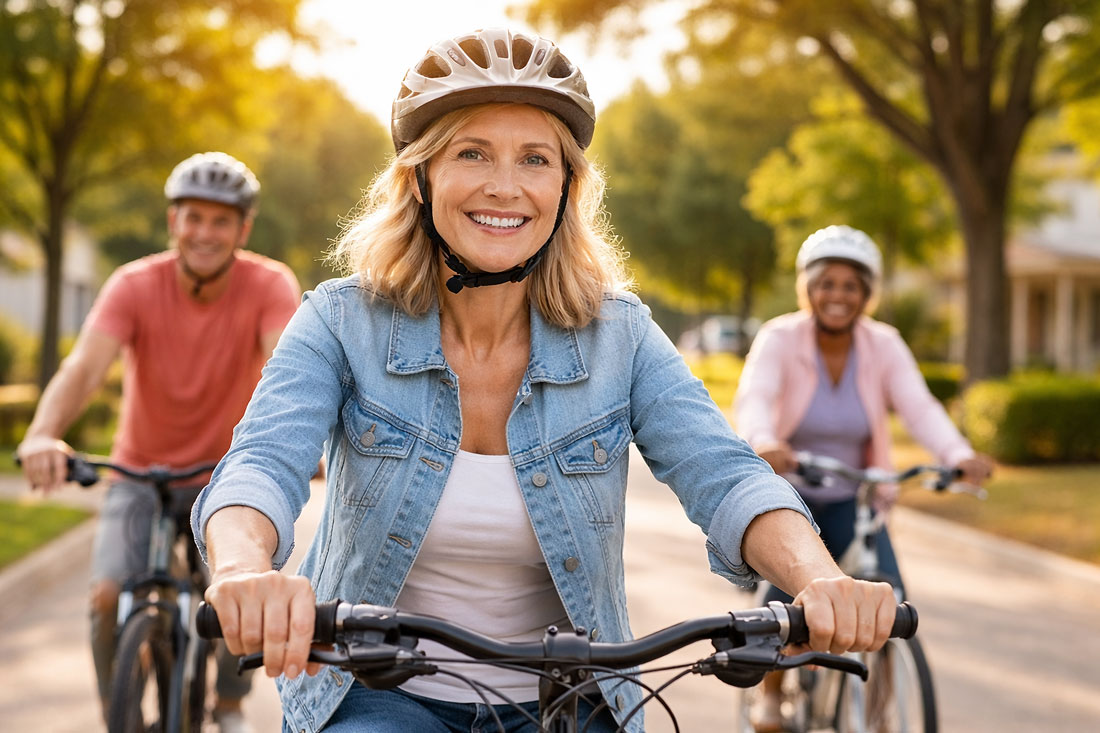 five common conditions that impact the cornea highlighted by an active woman in her early 60s biking with friends after cornea treatment at Vantage Eye Center