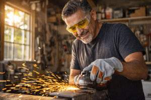 five common conditions that impact the cornea illustrated by an early 60s half Hispanic man wearing protective eyewear while using a metal grinder in his sunlit garage after advice from Vantage Eye Center