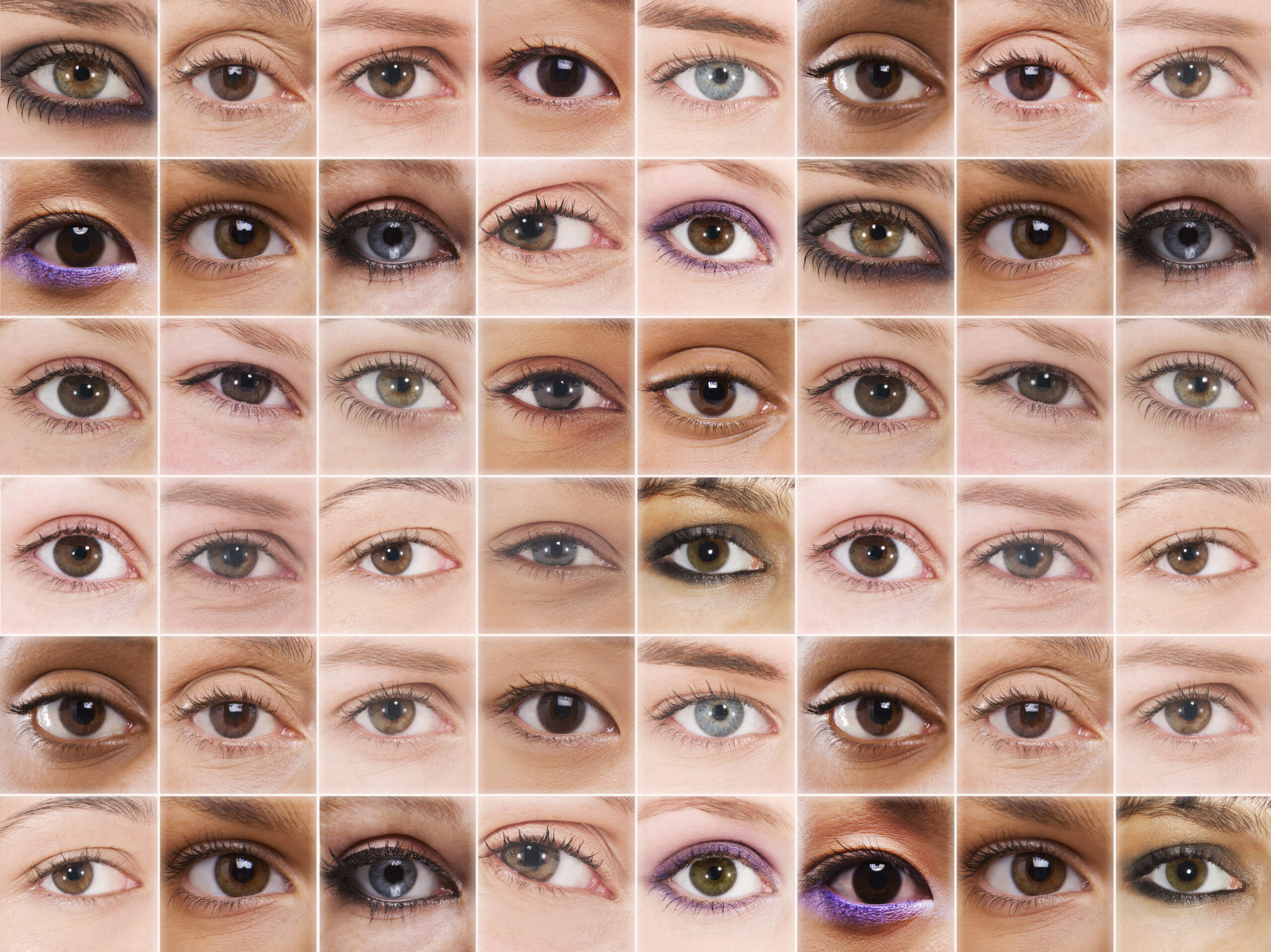what your eye shape says about you and your eye health: close-up photographs showing a variety of human eye shapes and colors