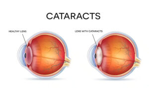 Medical illustration comparing healthy and cataract lenses for cataract surgery questions