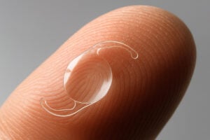 Intraocular lens (IOL) implant resting on fingertip