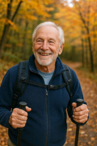 Senior man hiking in fall after cataract surgery, smiling