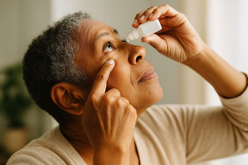 Senior woman applying eye drops after cataract surgery