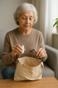 Senior woman preparing for cataract surgery at home with glasses and eye drops