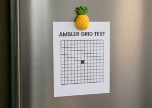 Amsler Grid Test card on a refrigerator door held by a pineapple magnet,