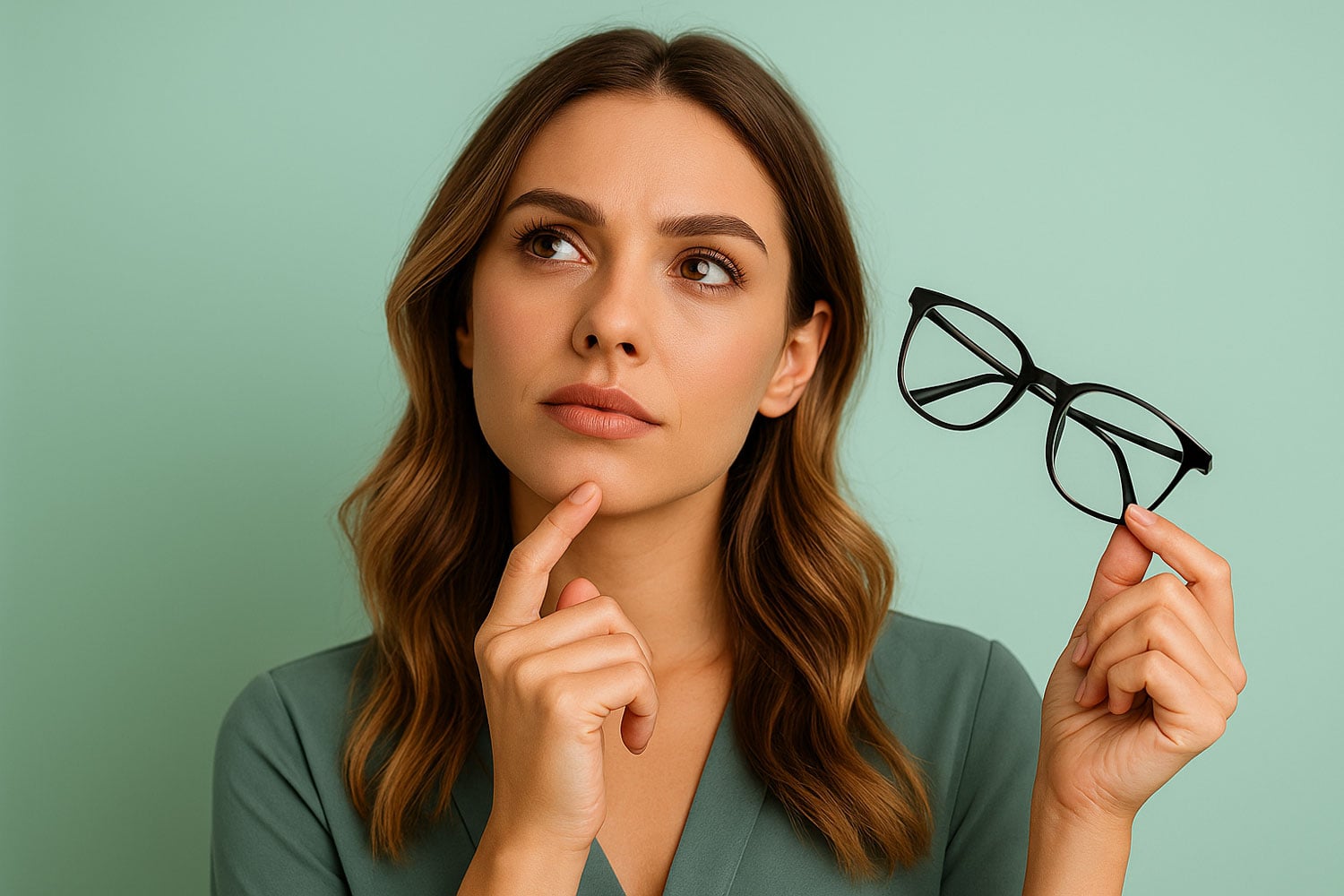 Thoughtful woman with light brown hair holds eyeglasses in one hand while touching her chin against a mint green background.