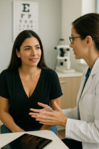 how effective are blue-light glasses — attractive woman in conversation with a female optometrist in a bright exam room