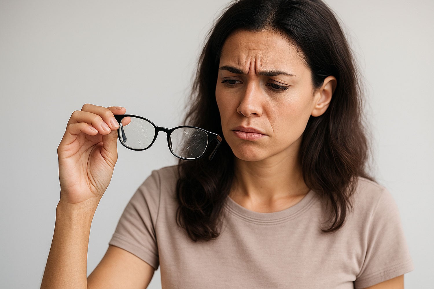 how to remove scratches from glasses — frustrated woman holding eyeglasses by the arm and inspecting scratched lenses