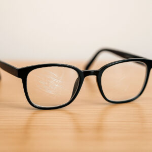 how to remove scratches from glasses — scratched eyeglasses product shot on a wooden table