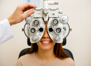 A person undergoing an eye exam with a phoropter positioned in front of their eyes.