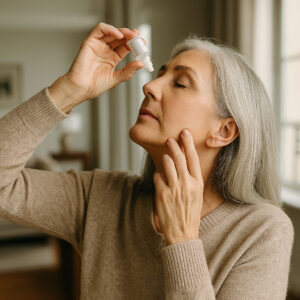 ocular hypertension — senior woman applying prescribed artificial tears at home to ease irritation and support drop tolerance, square image