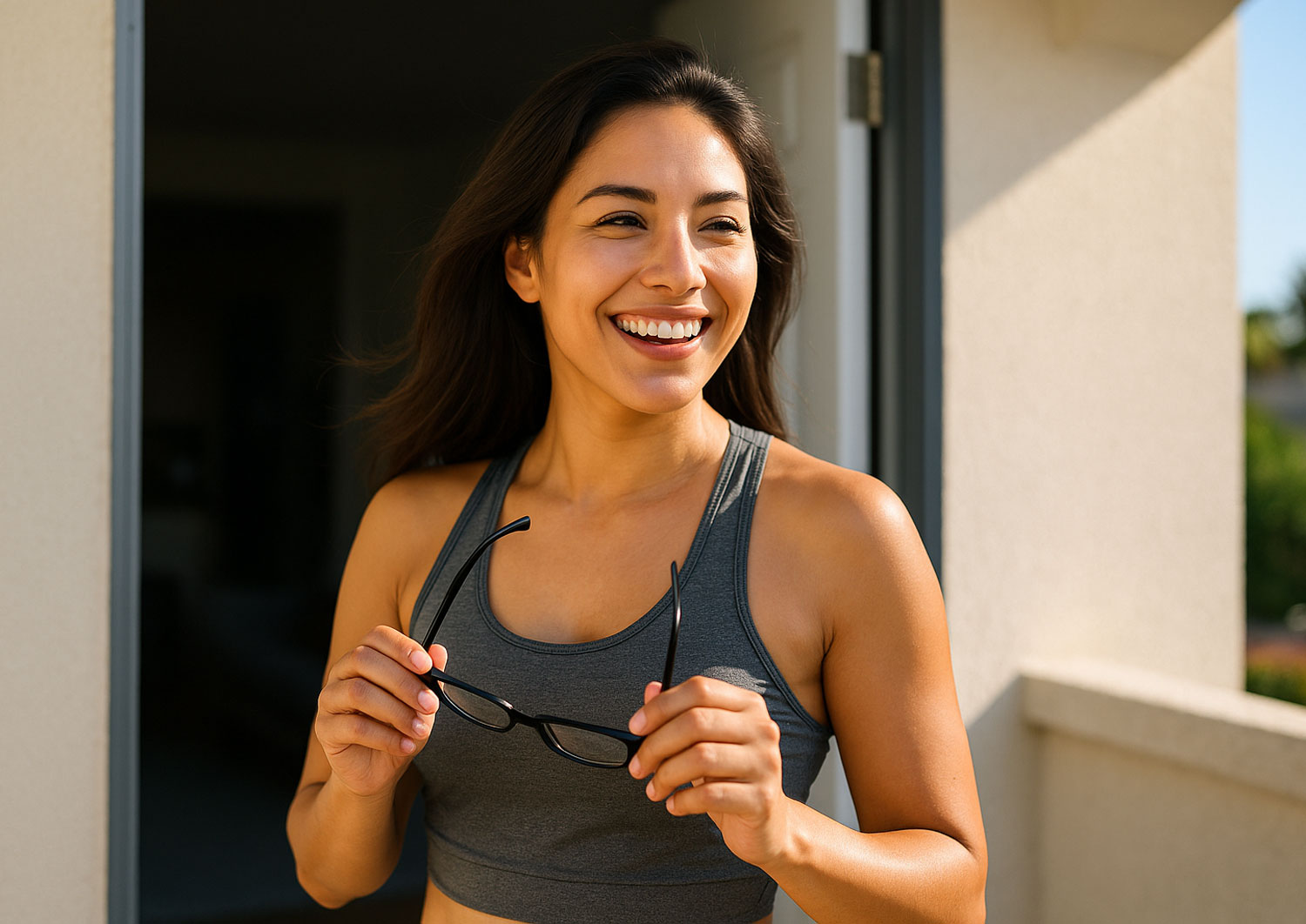 switching to contact lenses — smiling as she takes off her glasses