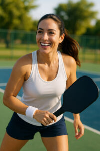 switching to contact lenses — candid medical-ad-style image of a happy 30-something woman playing pickleball outdoors with a paddle in hand, no glasses