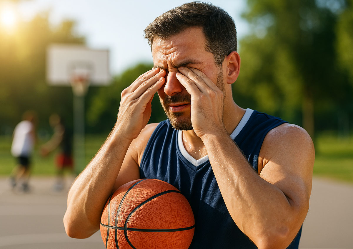 switching to contact lenses — 32-year-old man rubbing his eyes from dry eye irritation during an outdoor basketball game