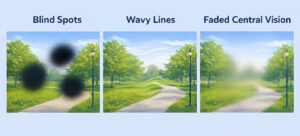 living with macular degeneration shown as blind spots wavy lines and faded central vision while looking at a park path at Vantage Eye Center