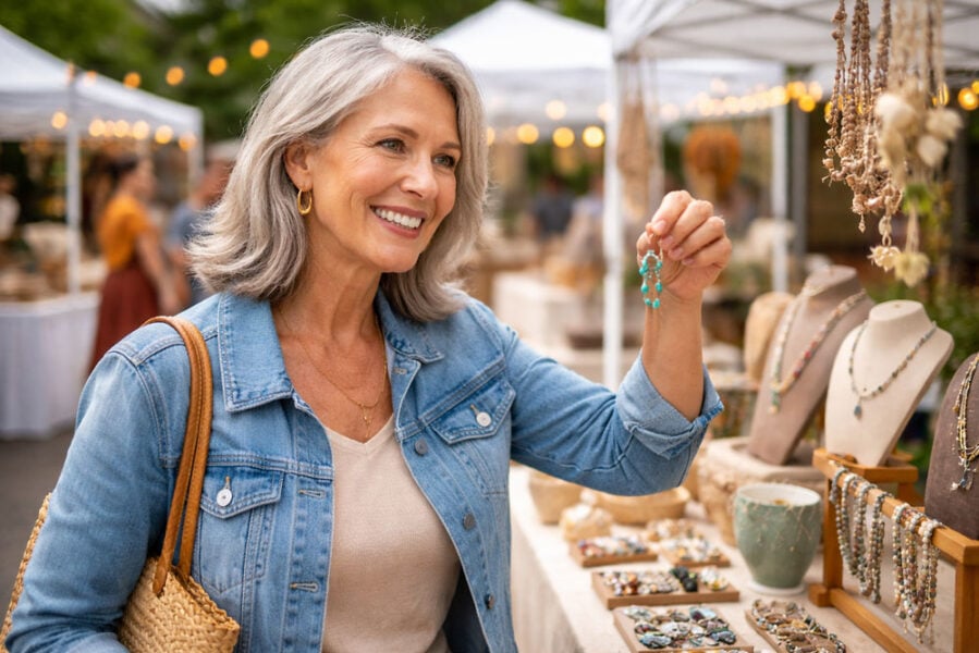 living with macular degeneration as a stylish woman in her mid 60s shops at an outdoor craft fair with clear vision after care at Vantage Eye Center