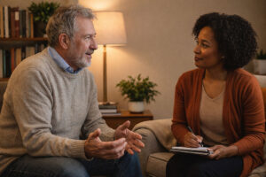 living with macular degeneration as a man in his 60s talks with a therapist in a warm inviting office at Vantage Eye Center