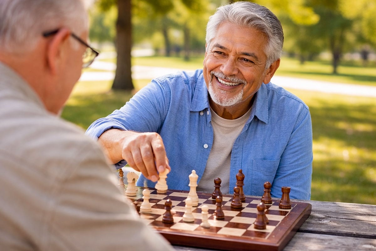Senior man happily playing chess in the park after successful retinal detachment treatments at Vantage Eye Center