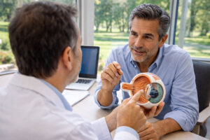 man discussing specialty contact lenses with his optometrist at Vantage Eye Center