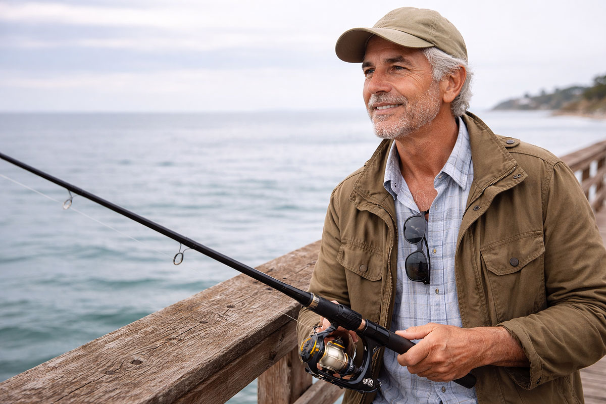 Senior man fishing from a coastal pier, enjoying clear vision after finding the right specialty contact lenses from Vantage Eye Center.