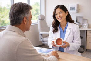 traditional glaucoma devices explained by an Asian eye doctor to a middle aged Hispanic man in a modern exam room at Vantage Eye Center