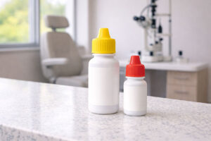 traditional glaucoma devices and glaucoma eye drops on a marble countertop with two prescription bottles in front of a slit lamp and exam chair at Vantage Eye Center