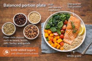 what to eat for eye health shown as a balanced plate with half non starchy vegetables one quarter lean protein and one quarter whole grains plus fiber rich beans and a reminder to limit added sugars for Vantage Eye Center patients