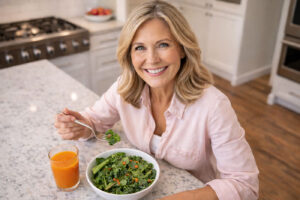 what to eat for eye health shown by a woman in her late 50s eating a leafy green salad with vinaigrette and carrot juice at her modern kitchen island for Vantage Eye Center patients