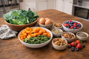what to eat for eye health shown as a tabletop display of leafy greens eggs orange vegetables berries nuts seeds and grains on a warm wooden table for Vantage Eye Center patients