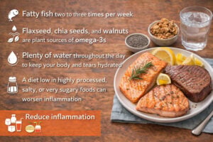 what to eat for eye health with fatty fish walnuts chia seeds and plenty of water while avoiding highly processed salty and sugary foods for Vantage Eye Center patients