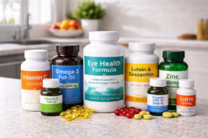 what to eat for eye health supported by eye health supplements including lutein zeaxanthin omega 3 fish oil and vitamins on a modern kitchen counter for Vantage Eye Center patients