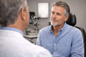 60 year old man in a consultation to determine if Is squinting bad for your eyes? aith his eye doctor at Venatage Eye Center.