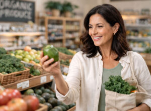 Woman shopping for organic foods after she learned if squinting is bad, at Vantage Eye Center - Is squinting bad for your eyes?