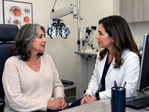 Senior woman having a cataract evaluation exam at Vantage Eye Center to determine if cataract surgery causes retinal detachment.
