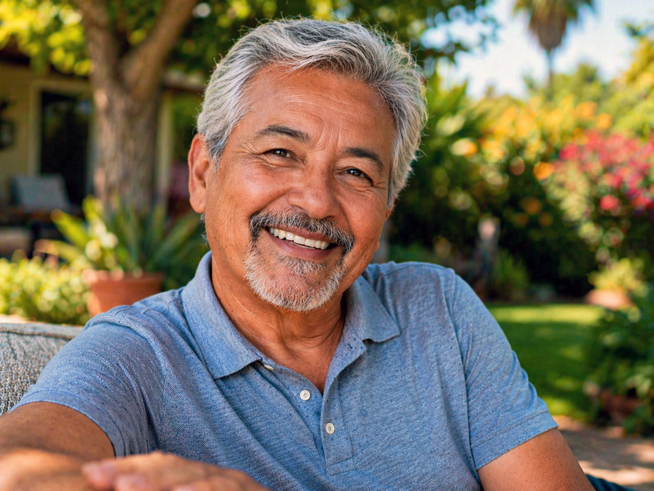 Senior man relaxing in his lush backyard understanding that can cataract surgery cause retinal detachment at Vantage Eye Center.