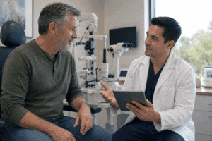 Man and Eye Surgeon discussing his dry eye treatment plan at Vantage Eye Center