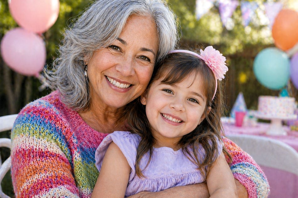 Grandmother and grandaughter at her birthday party after a healthy cataract surgery recovery with Vantage Eye Center.