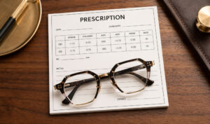 If stronger perscriptions are needed consistently this is a strong indicator of how cataracts affect your vision over time, Learn more today at Vantage Eye Center. Eccentric perscription glasses on a eye-perscription pad on a wooden desk