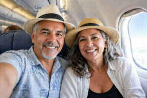 Senior couple ready to fly to their vacation after learning how long after cataract surgery can you see from Vantage Eye Center.