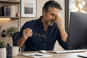 Man suffering from eye digital eye strain needs dry eye treatment from Vantage Eye Center.