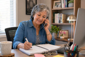 Senior grandmother making a comprehensive eye appotnment at Vantage Eye Center in Salinas.