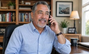 Senior man calling his eye surgeo at Vantage Eye Center after cataract surgery recovery issues.