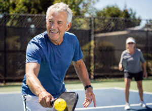 senior man playing pickle ball after finding the right astigmatism after cataract surgery treatment to fit his active lifestyle from Vantage Eye Center.