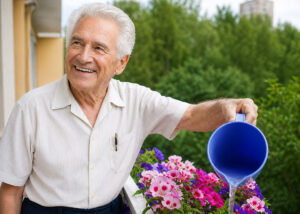 Senior man watering flowers on his terrace after treatment of his astigmatism after cataract surgery at Vantage Eye Center.
