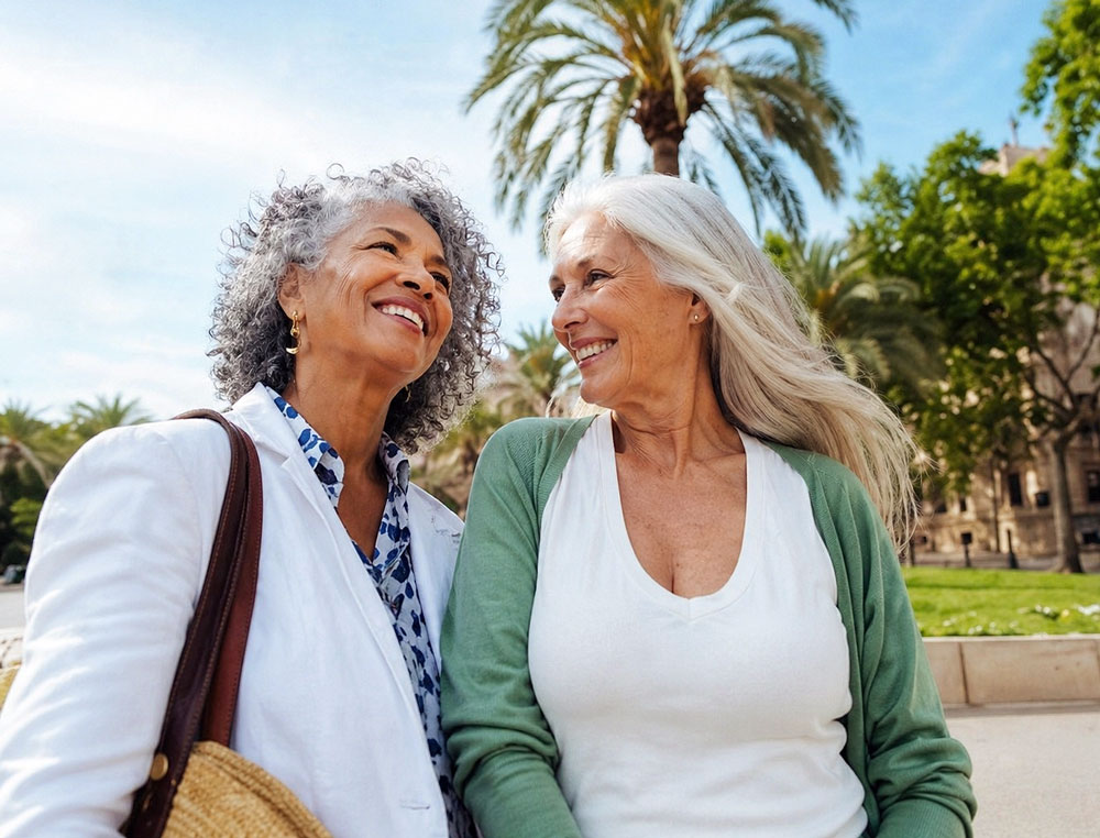 Two senior women happy to be free from their astigmatism after cataract surgery at Vantage Eye Center.