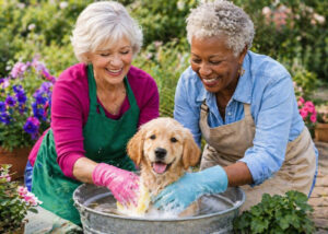 Two senior women washing their puppy after treatment for astigmatism after cataract surgery at Vantage Eye Center.