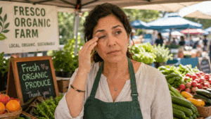 Female farmers' market vendor suffering from an irritated eyelid needs the best dry eye treatment in Monterey at Vantage Eye Center.